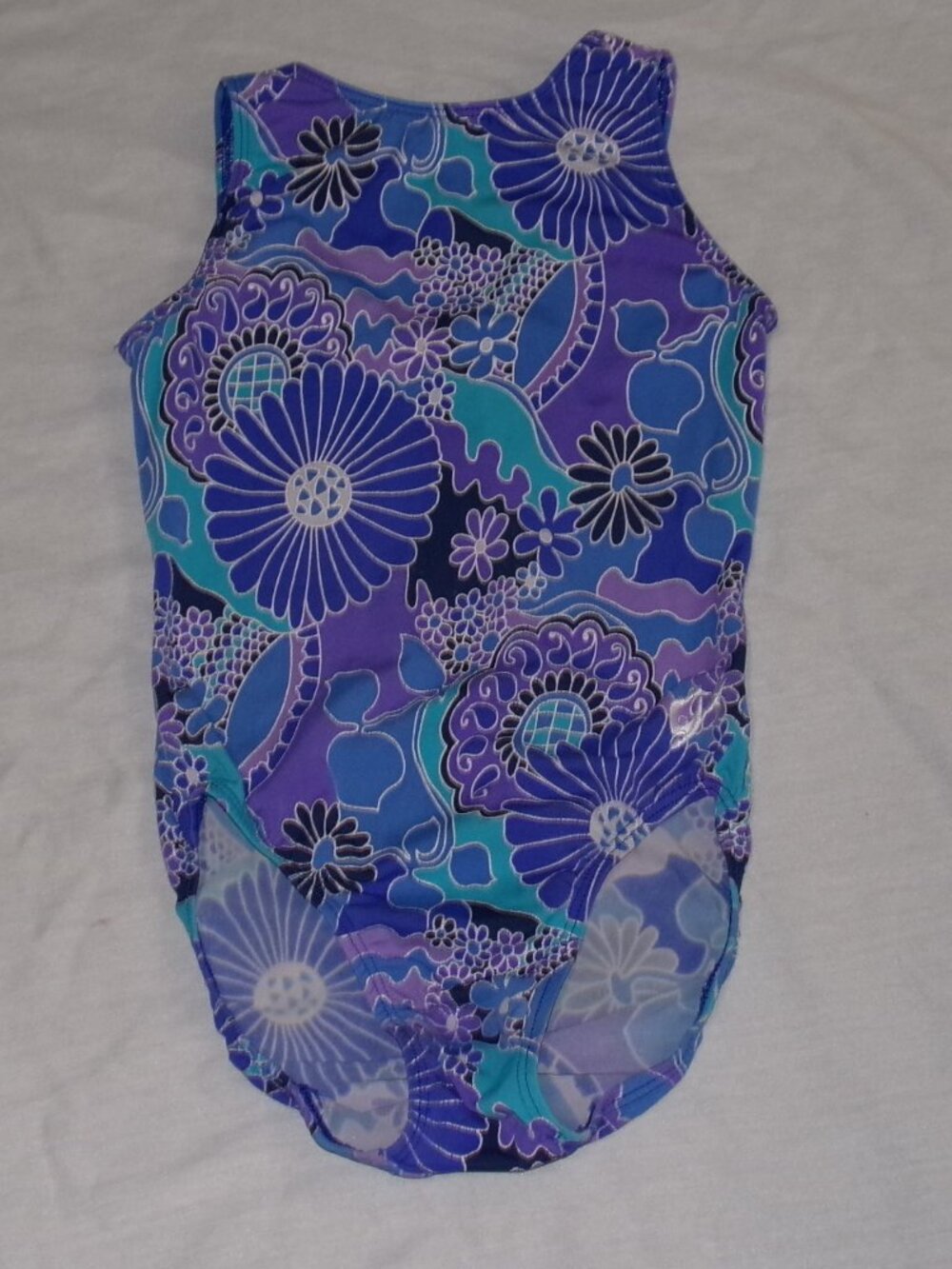 GK Elite Purple Blue Floral Gymnastics Sleeveless Leotard Child Size Large